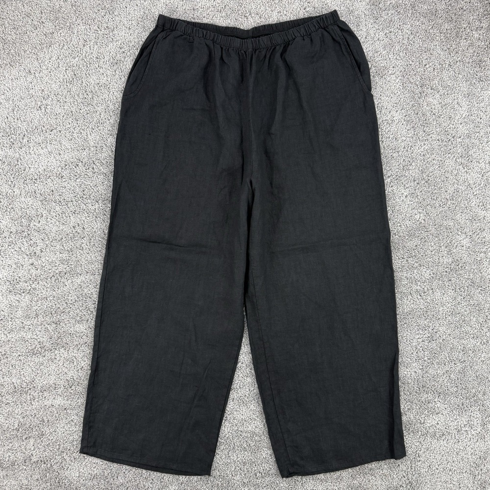 Flax 100% Linen Pants Women's L Black Wide Leg Pull On Lagenlook Minimalist